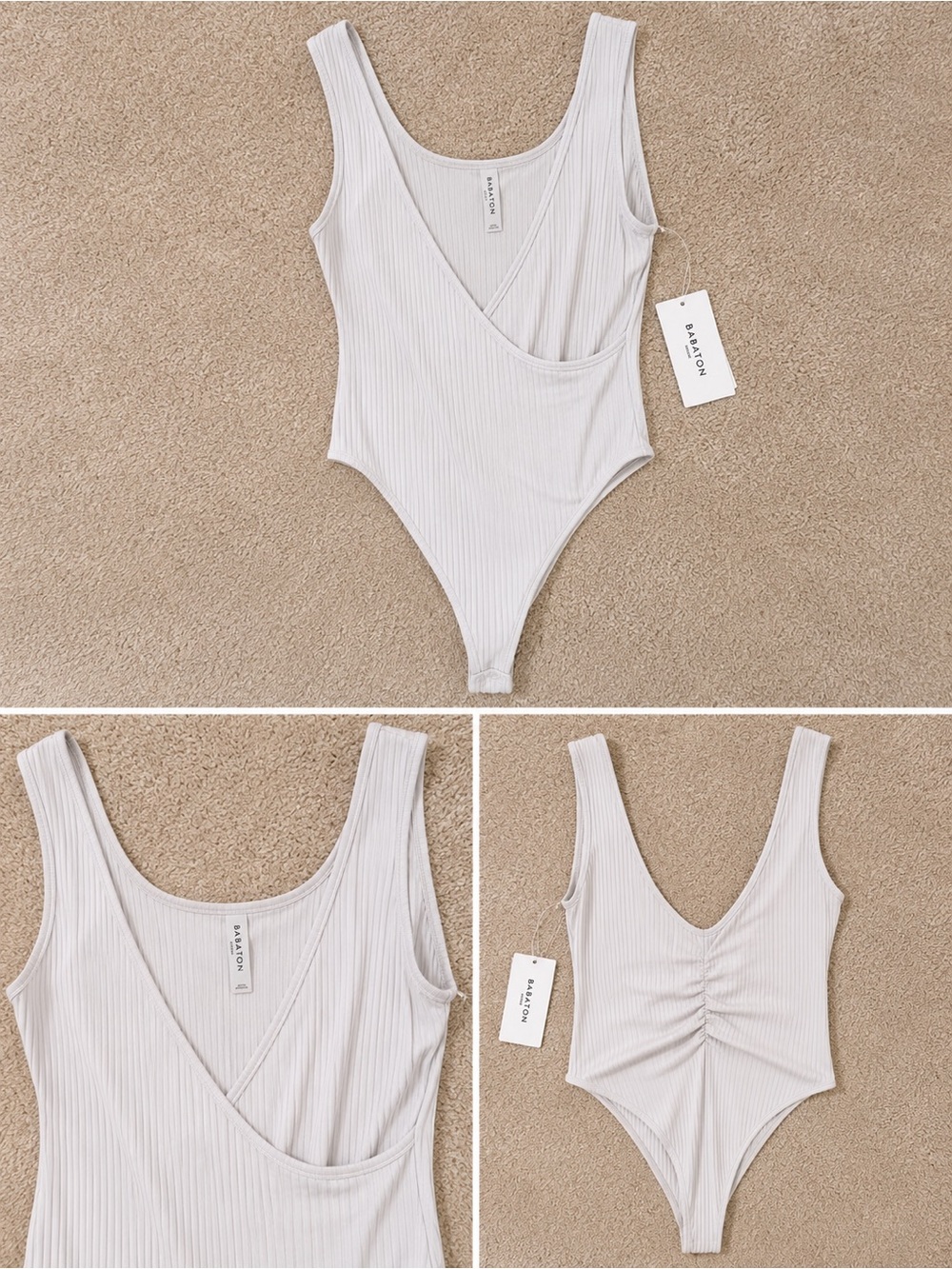 Aritzia Babaton White Ribbed Wrap V-Neck Bodysuit